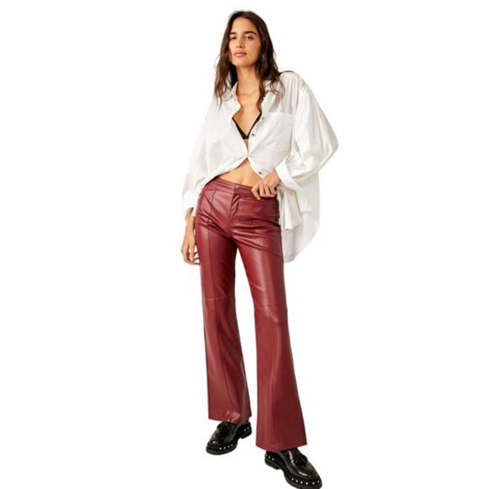 Free People We The Free Red Uptown‎ High Rise Vegan Leather Flare Pant Size 10